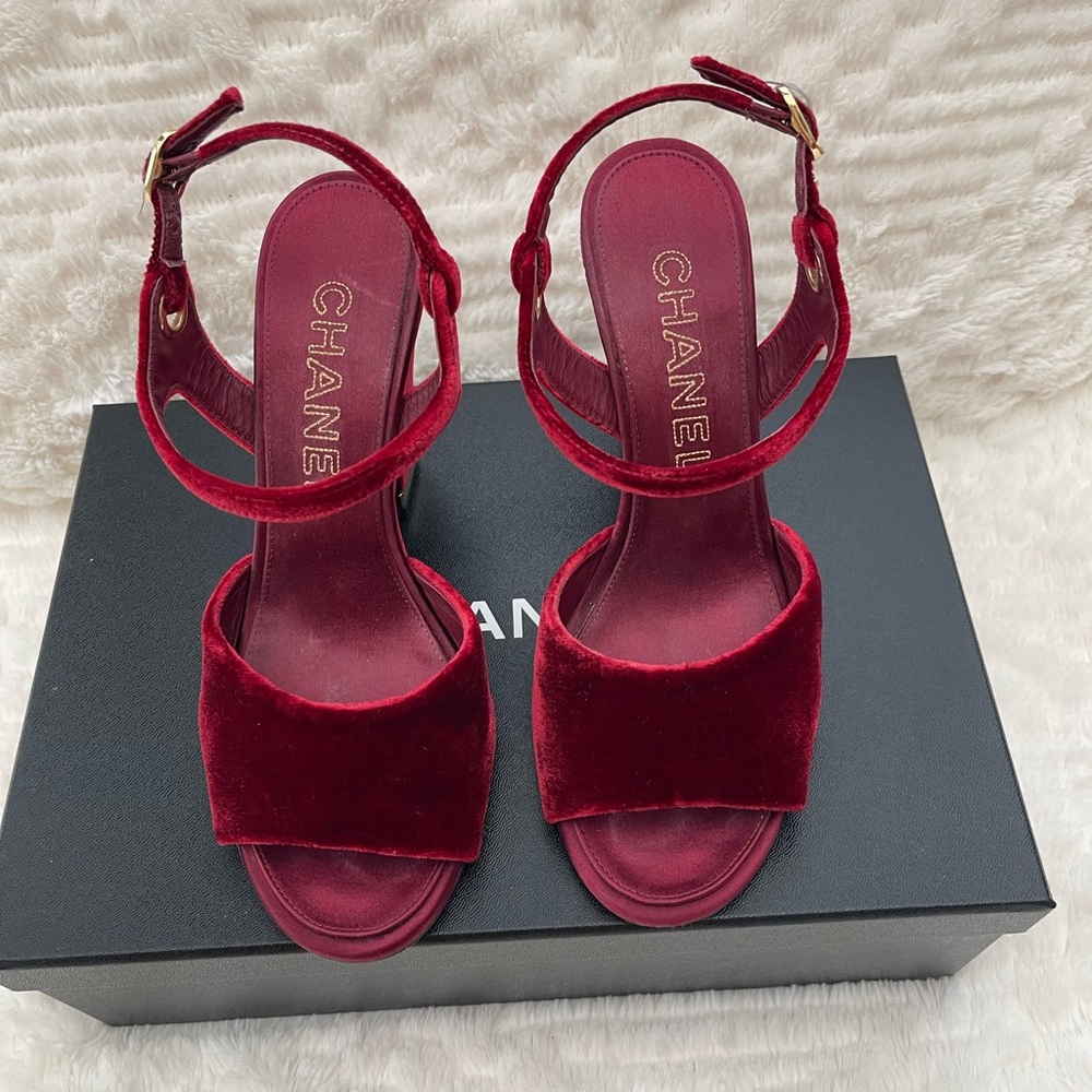 Women's Chanel Red Velvet Open Toe Back Sling Heel Wedge with Gold